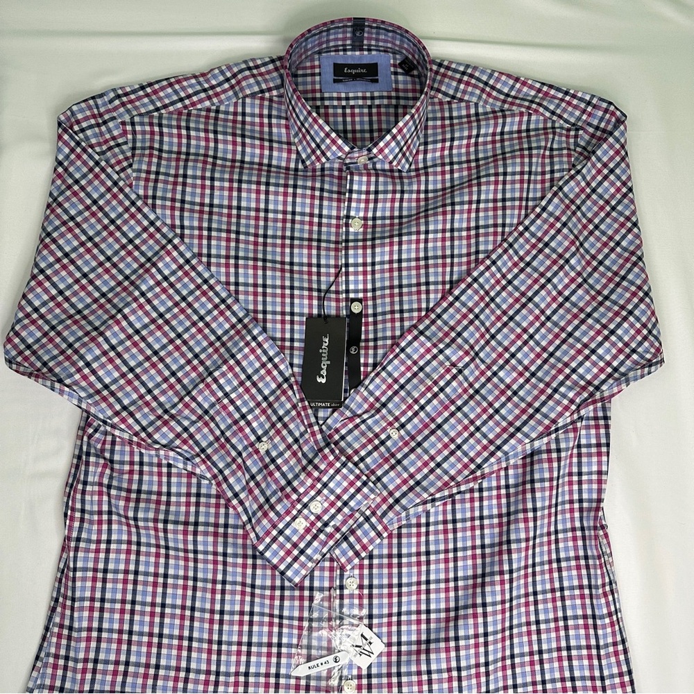 Esquire‎ Button Up Long Sleeve Shirt Men s 17 32/33 Slim Fit Checkered Print NWT